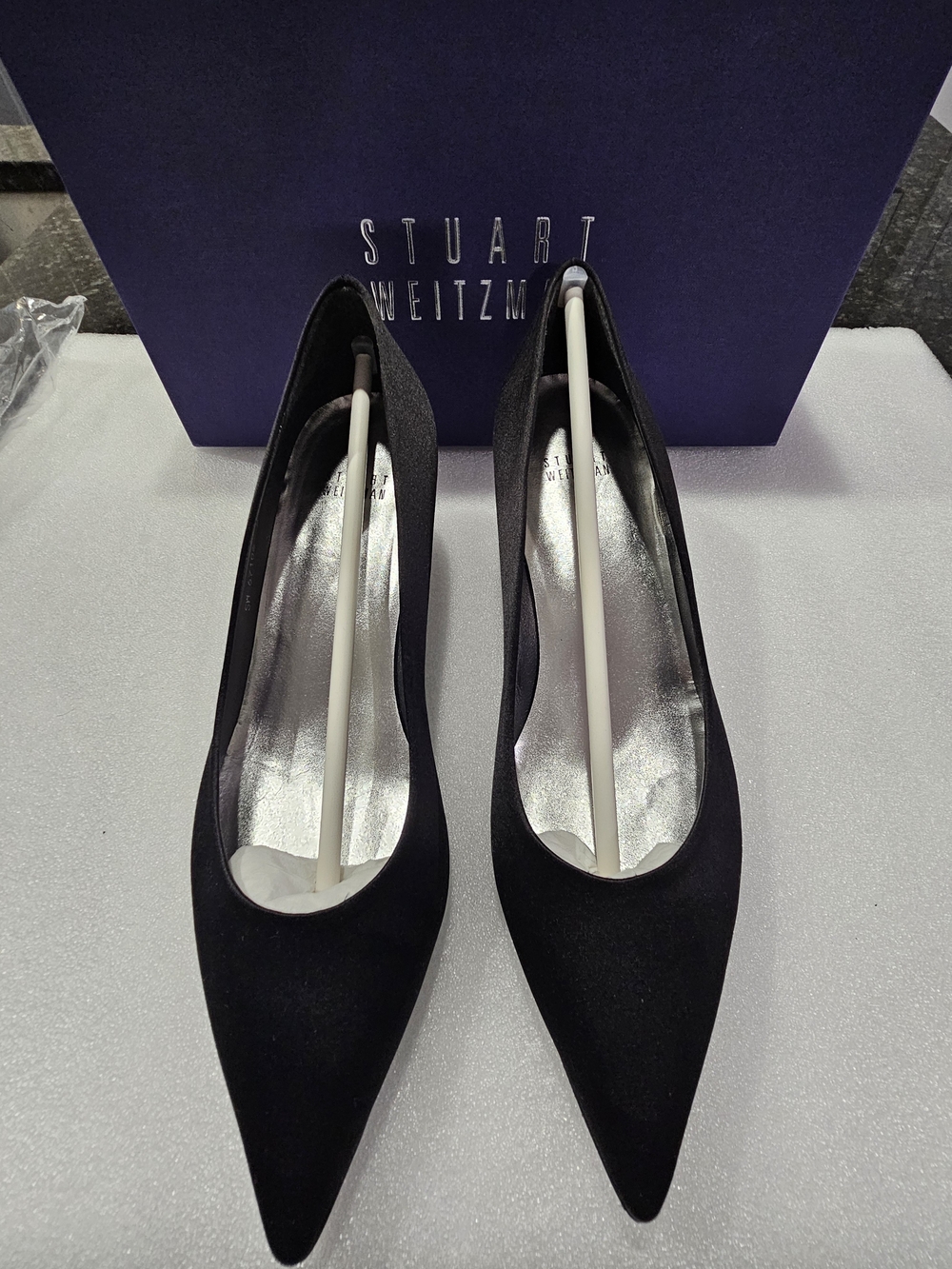 Stuart Weitzman Black Pointed Toe Poco Black Satin